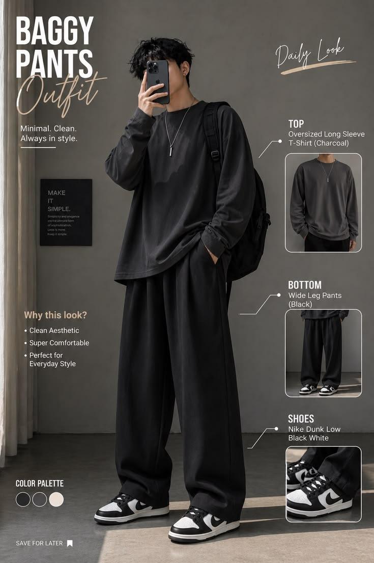 Black baggy streetwear outfit with styling callouts